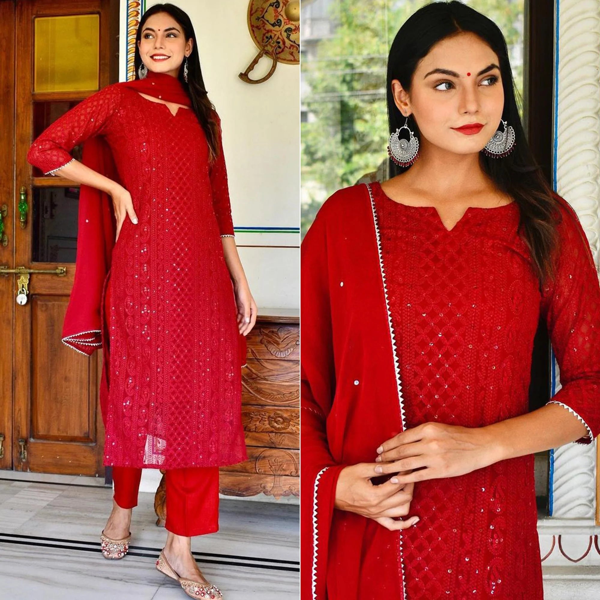 Attractive Red Colour Kashmiri Embroidered Georgette Kurti