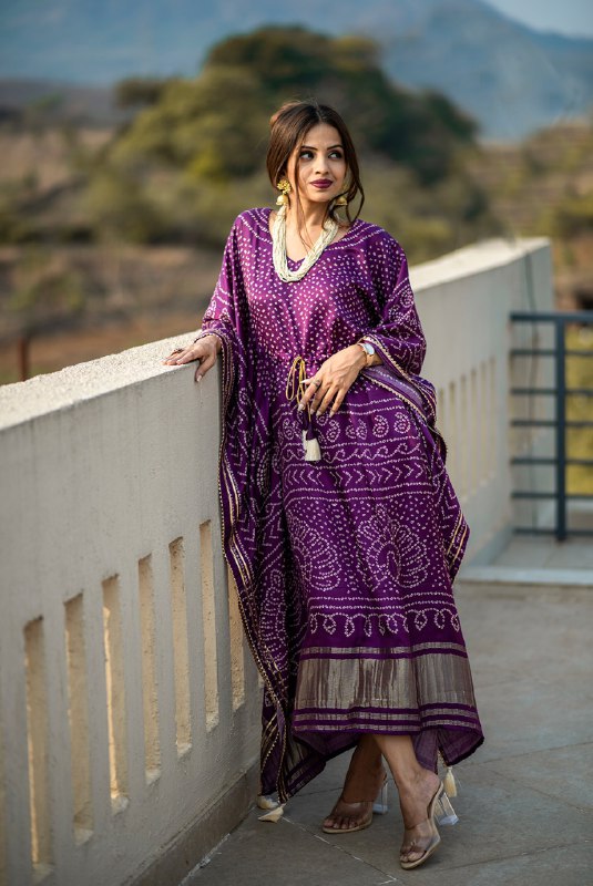 Wine Color Digital Bandhej Print Pure Gaji Silk Kaftan With Gota Patti Work Lace Border  Gown