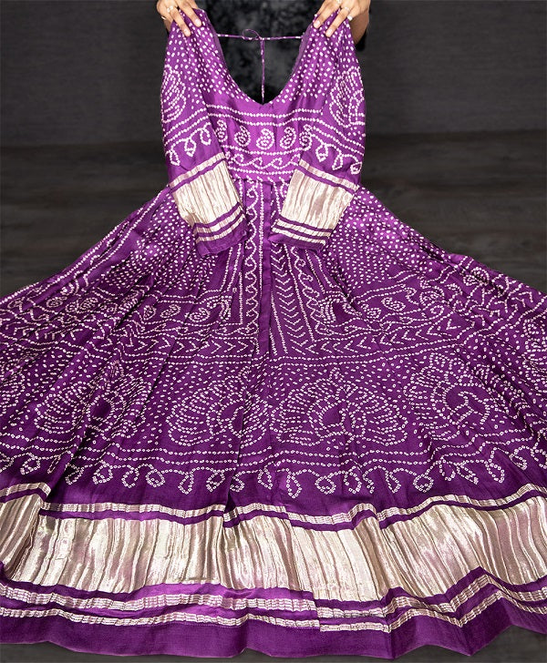 Wine Color Digital Bandhej Printed Pure Gaji Silk Gown