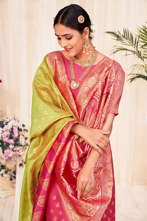 Lime Green Festive Wear Woven Banarasi Silk Saree