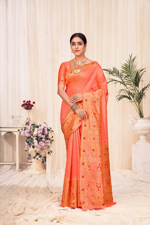 Peach Festive Wear Woven Banarasi Silk Saree