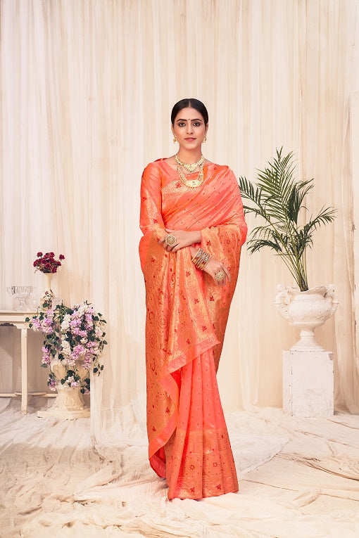 Peach Festive Wear Woven Banarasi Silk Saree