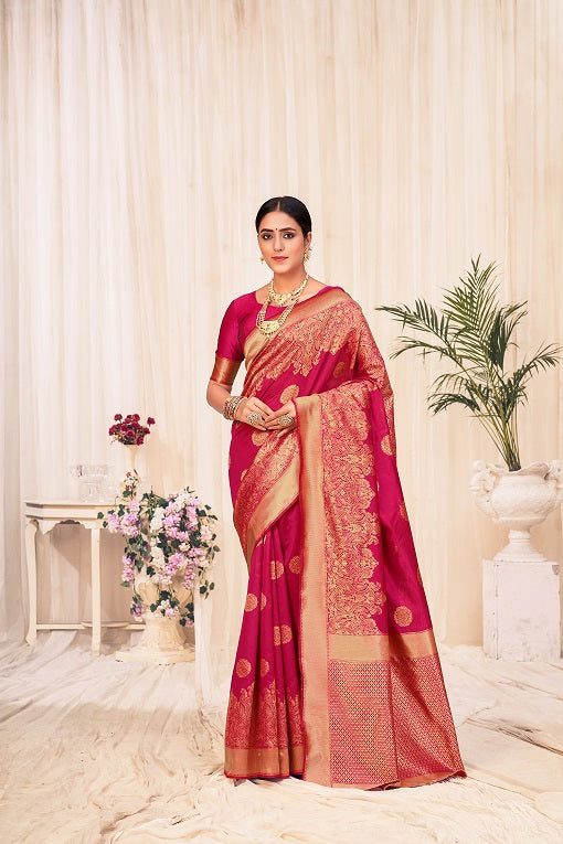 Dark Pink Festive Wear Woven Banarasi Silk Saree