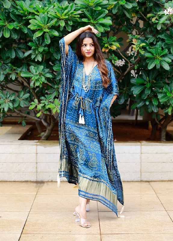 Navy Blue Color Digital Bandhej Printed Pure Gaji Silk Kaftan Gown