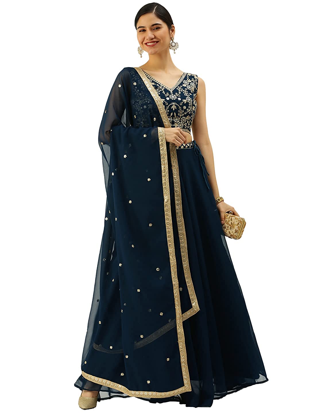 Navy Blue Georgette Sequins and Thread Embroidery Work Semi-Stitched Lehenga choli
