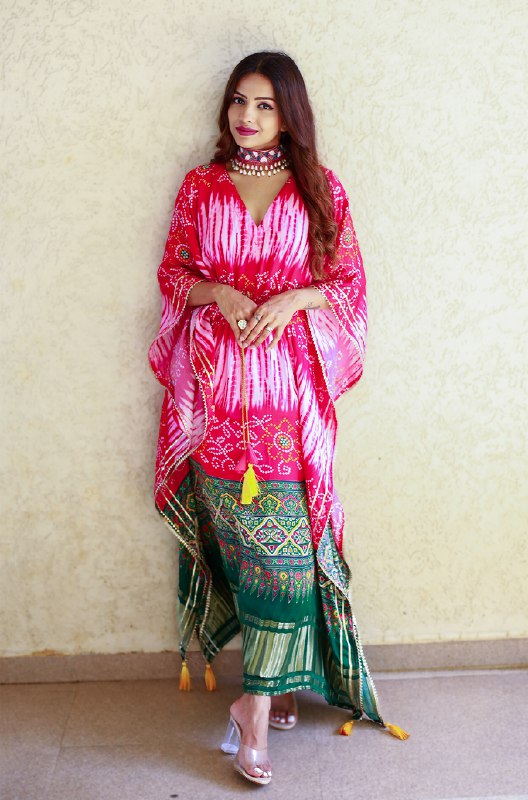Pink Color Digital bandhej Printed Pure Gaji Silk Kaftan Gown