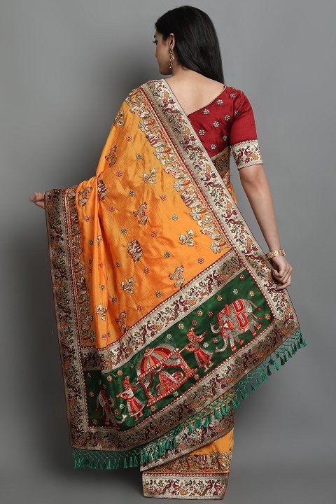 Patola Silk Saree | Yellow, Bottle Green, Maroom Panetar Wedding Saree | Doli Design Saree