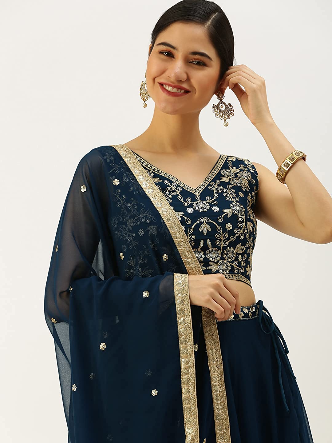 Navy Blue Georgette Sequins and Thread Embroidery Work Semi-Stitched Lehenga choli
