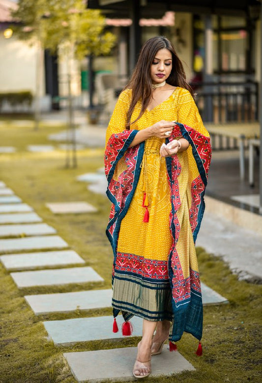 Mustard Color Digital Bandhej Print Pure Gaji Silk Kaftan With Gota Patti Work Lace Border  Gown