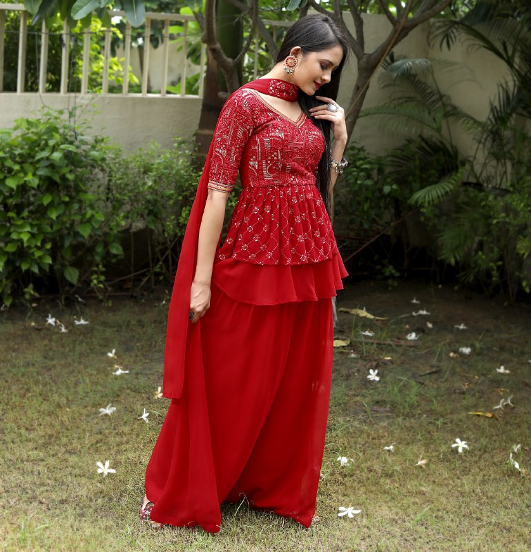 Red Georgette Heavy Embroidery Thread Farari Sharara Set