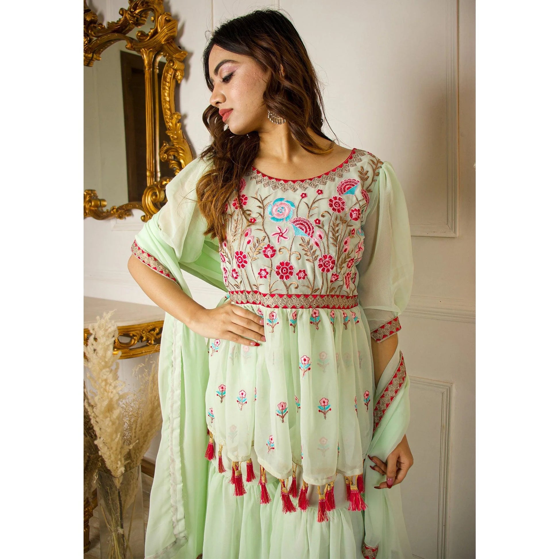 Buy Palazzo - Pista Green Embroidered Palazzo Suit