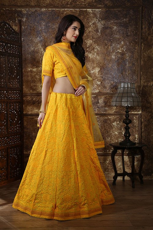 Yellow Georgette Thread and Sequence Embroidered Lehenga Choli