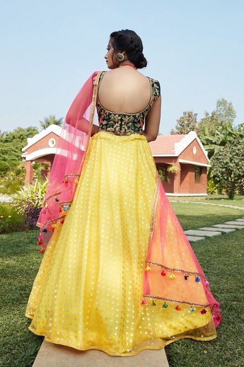 Buy Yellow Pure Silk Hand Painted Embroidered Bridal Lehenga Set For Women  by Archana Jaju Online at Aza Fashions.