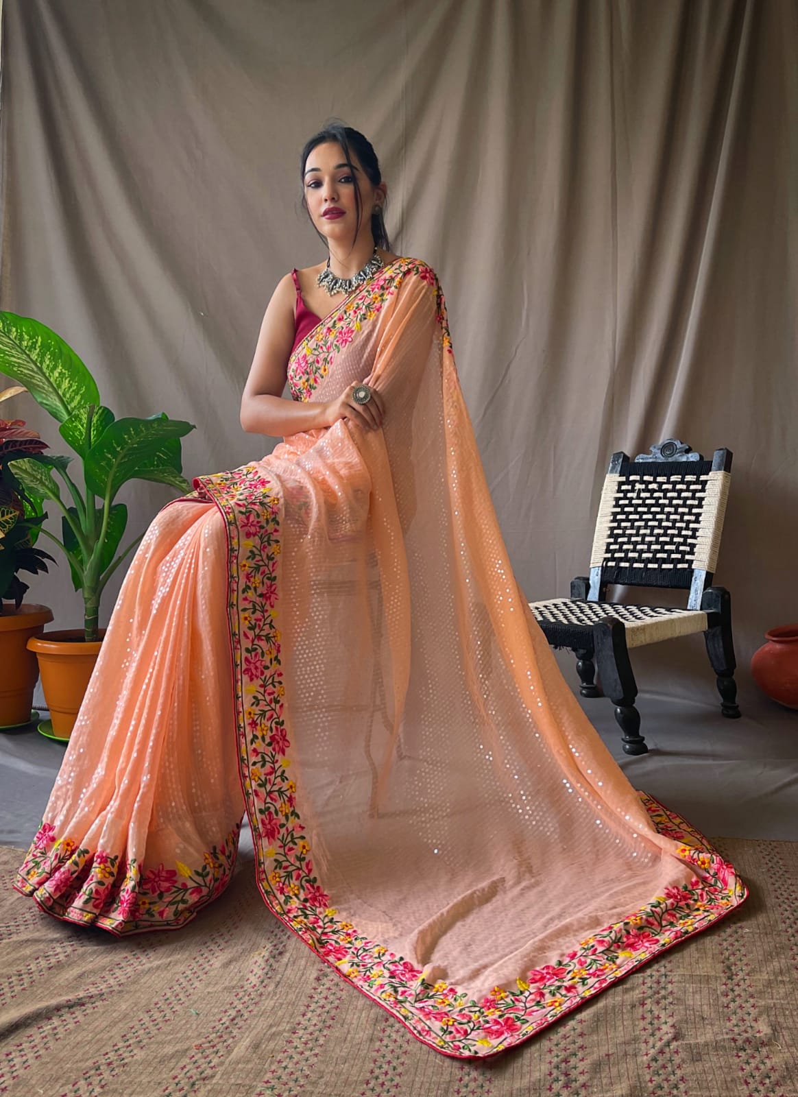 Orange Pure Georgette Saree With All Over Sequence Work