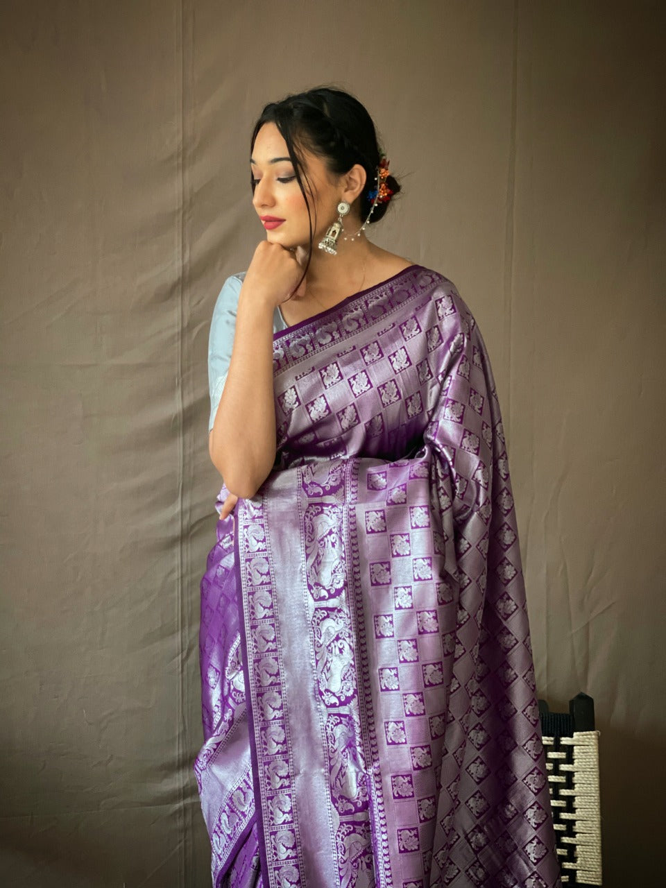 Buy Dark Purple Dola Silk Saree With Silver Weave And Unstitched Blouse  Piece