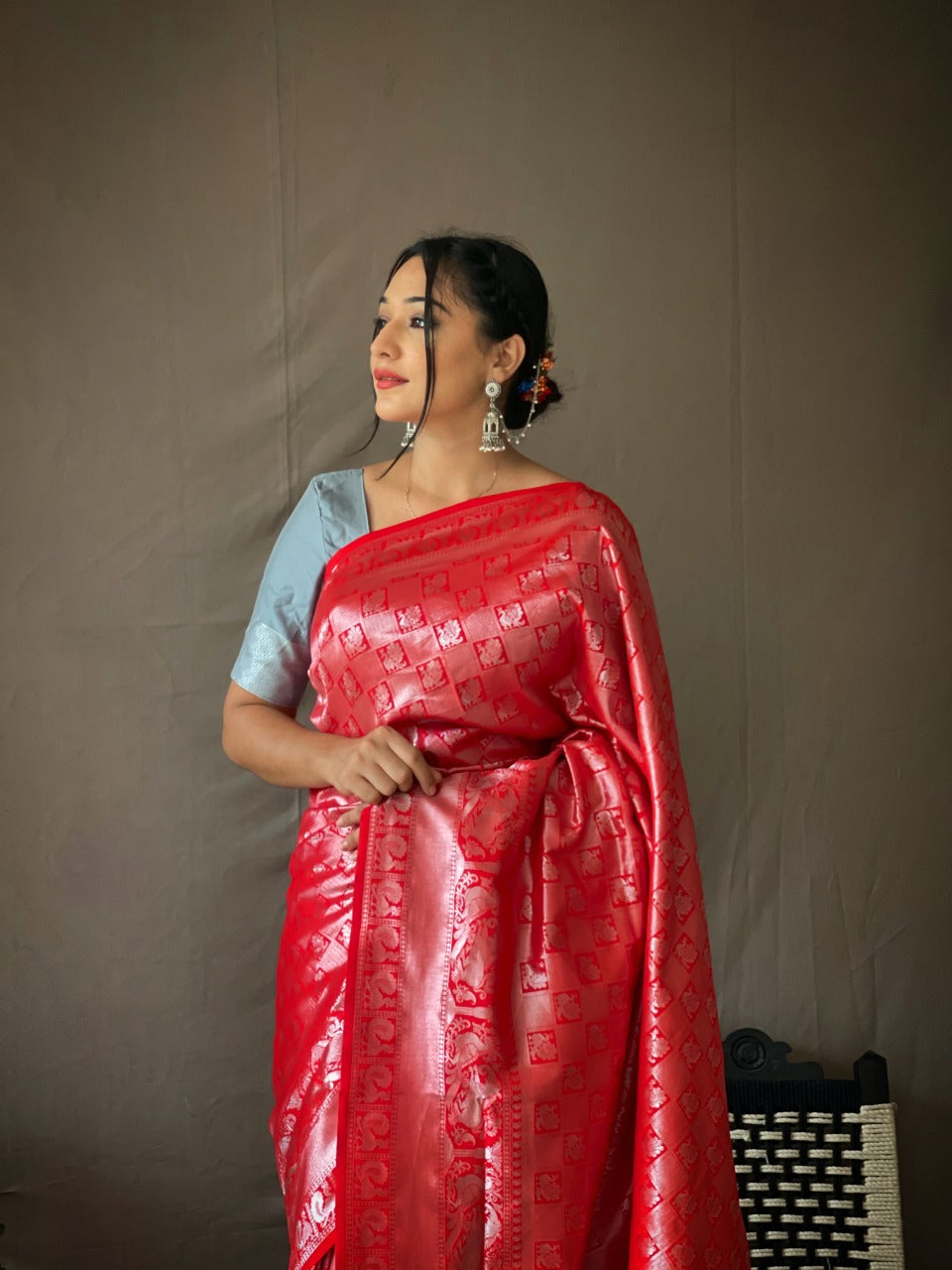 Red Silver Zari Woven Pure Kanjeevaram Silk Handloom Saree