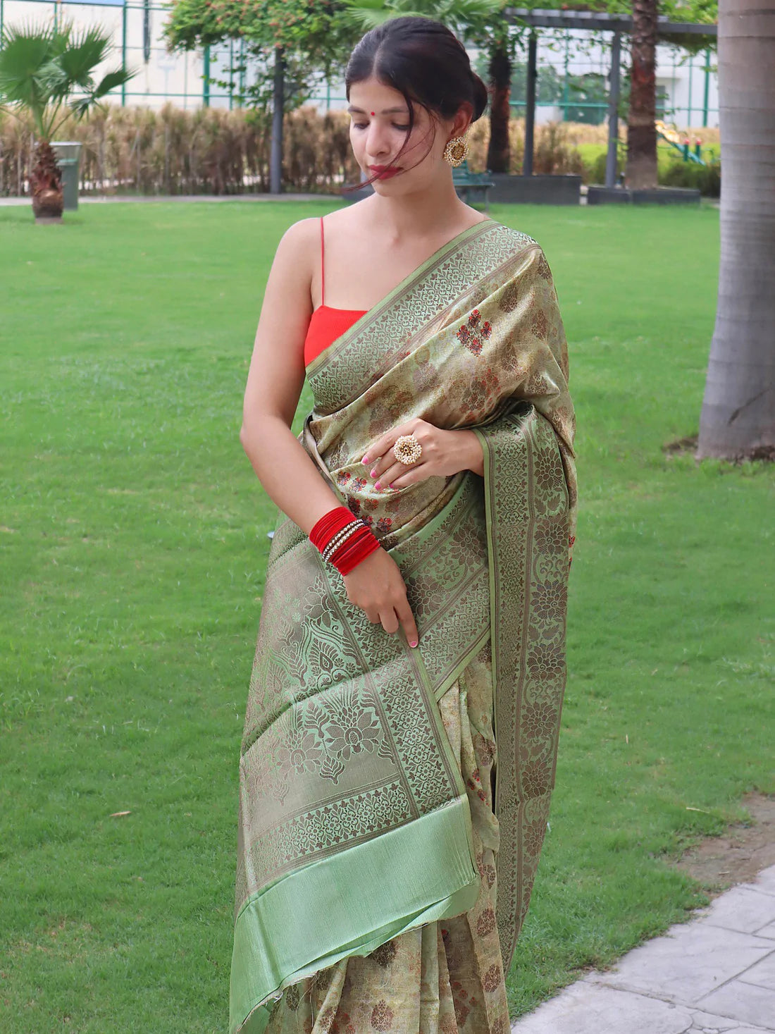 Banarasi Silk Woven Saree with Floral Prints Laurel Green
