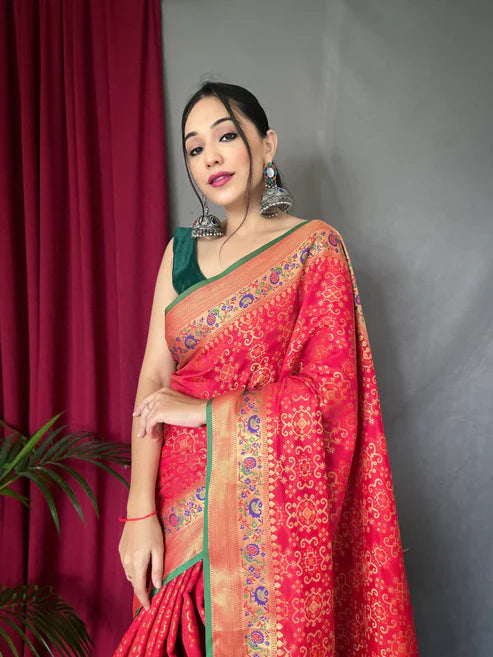 Beautiful Bandhej Patola Silk Woven Saree Red