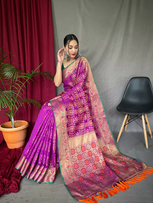 Beautiful Bandhej Patola Silk Woven Saree Royal Magenta
