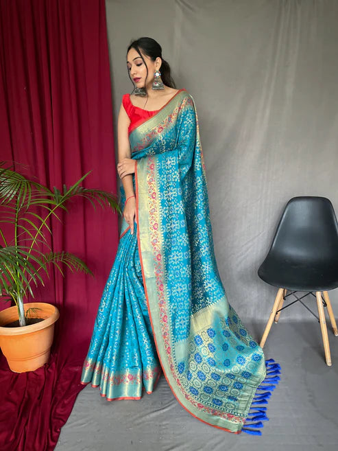 Beautiful Bandhej Patola Silk Woven Saree Pacific Blue