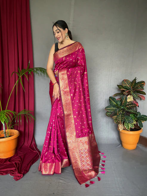 Soft Silk Multi Color Zari Woven Saree Dark Pink