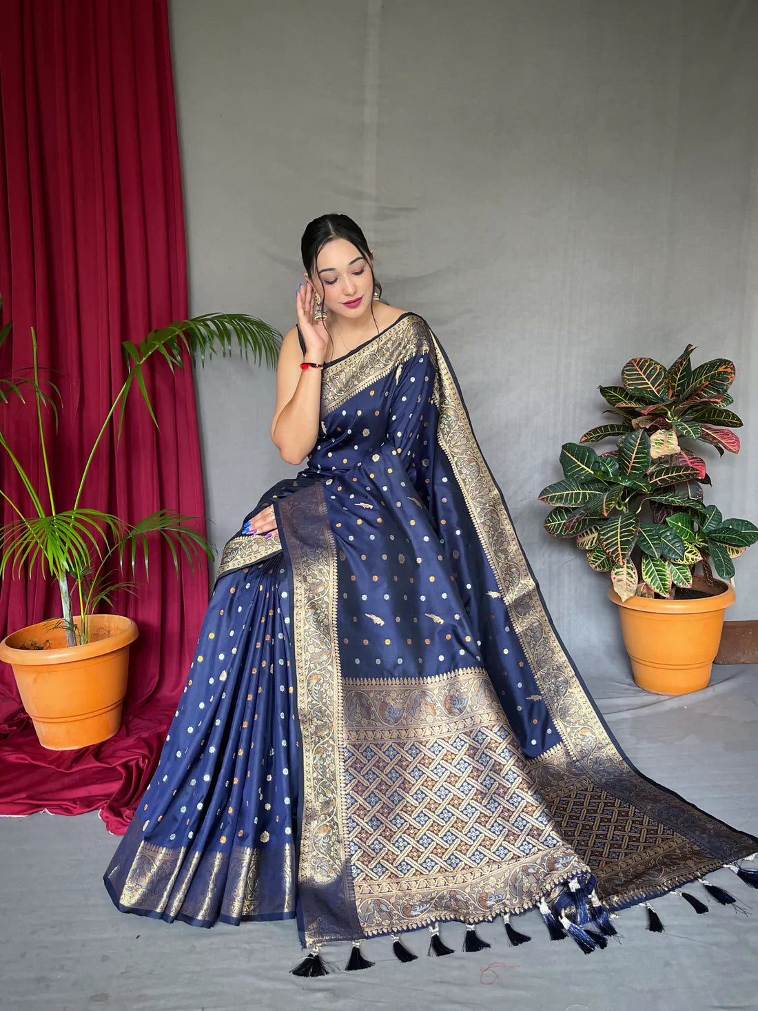 Soft Silk Multi Color Zari Woven Saree Dark Blue