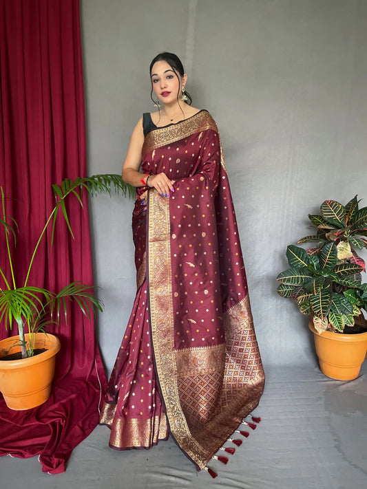 Soft Silk Multi Color Zari Woven Saree Sanguine Brown