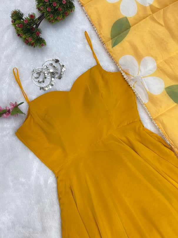 Yellow Pure Soft Fox Georgette Fully Flair Gown Duppta Set Ready To Wear Fully Sttiched