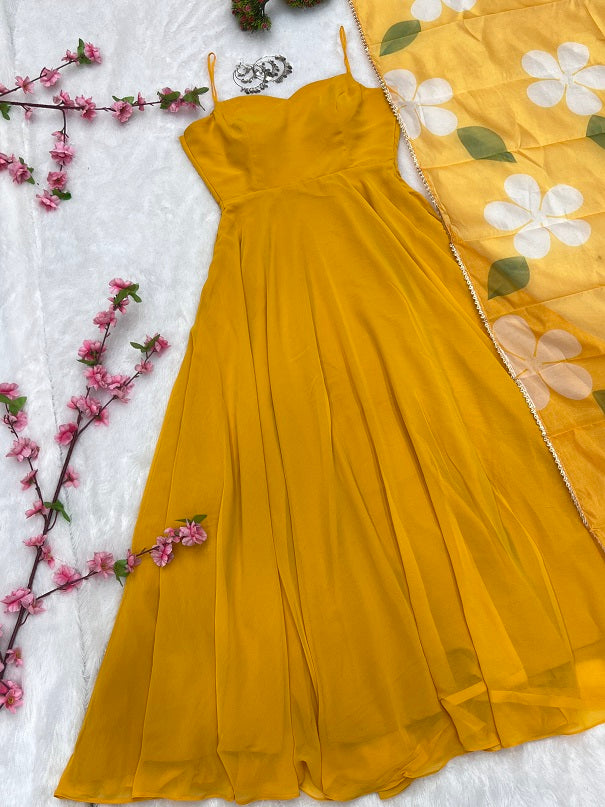 Yellow Pure Soft Fox Georgette Fully Flair Gown Duppta Set Ready To Wear Fully Sttiched