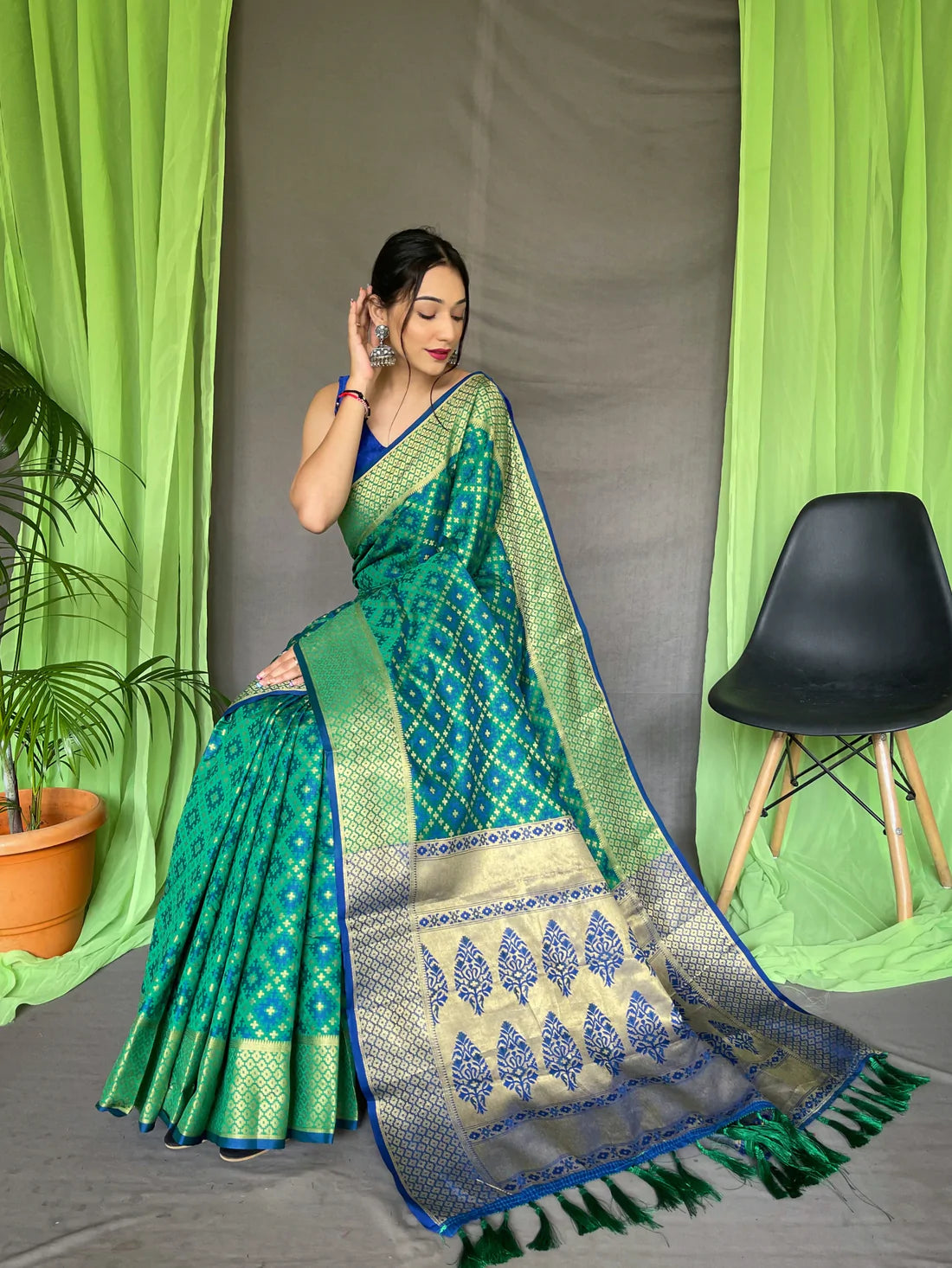 Patola Silk Woven Contrast Green Saree