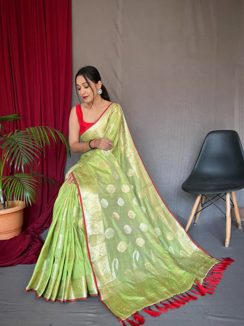 Beautiful Kanika Cotton Silk Woven Saree Olive Green