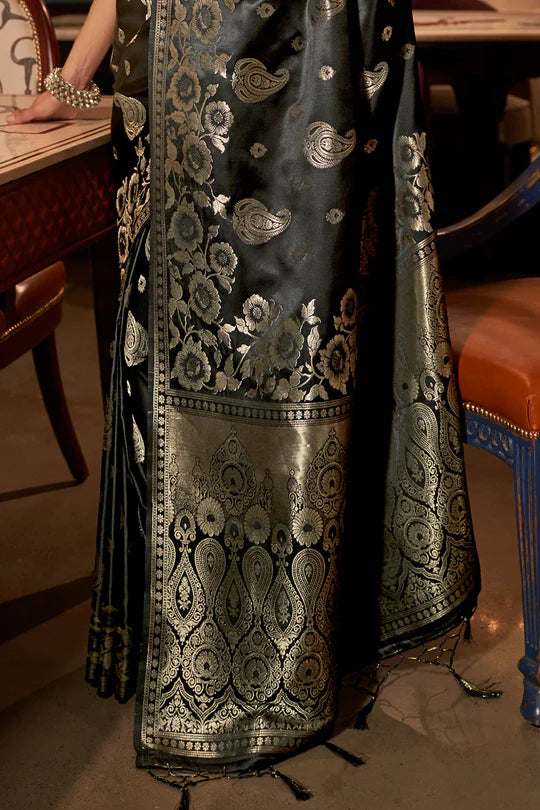 Black Pure Satin Handloom Weaving Saree