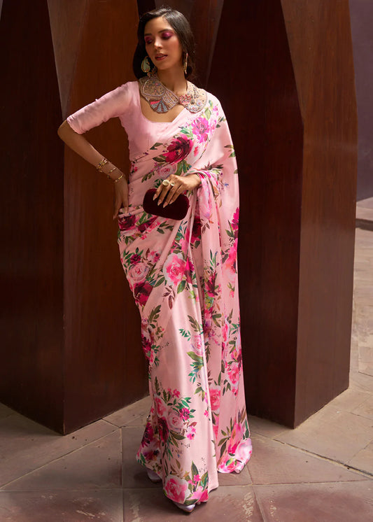 Cupid Pink Floral Printed Satin Silk Saree