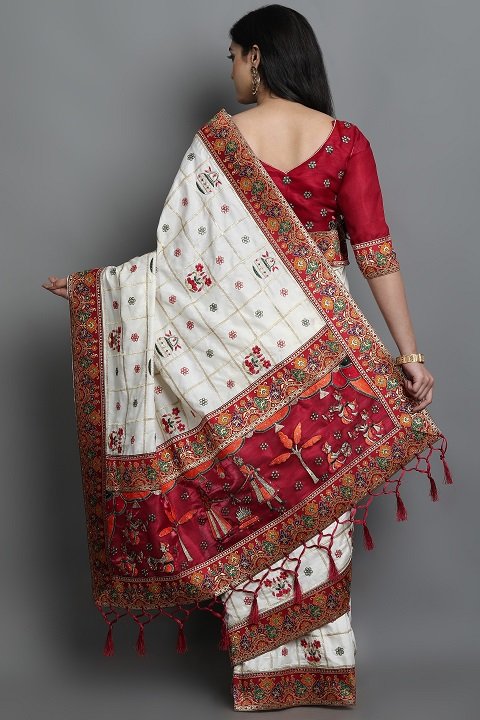 Patola Silk Saree | White, Red Panetar Wedding Saree | Doli Design Saree