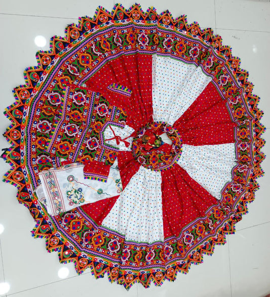 Red Cotton With Bandhni Print And Real Mirror Work Lehenga