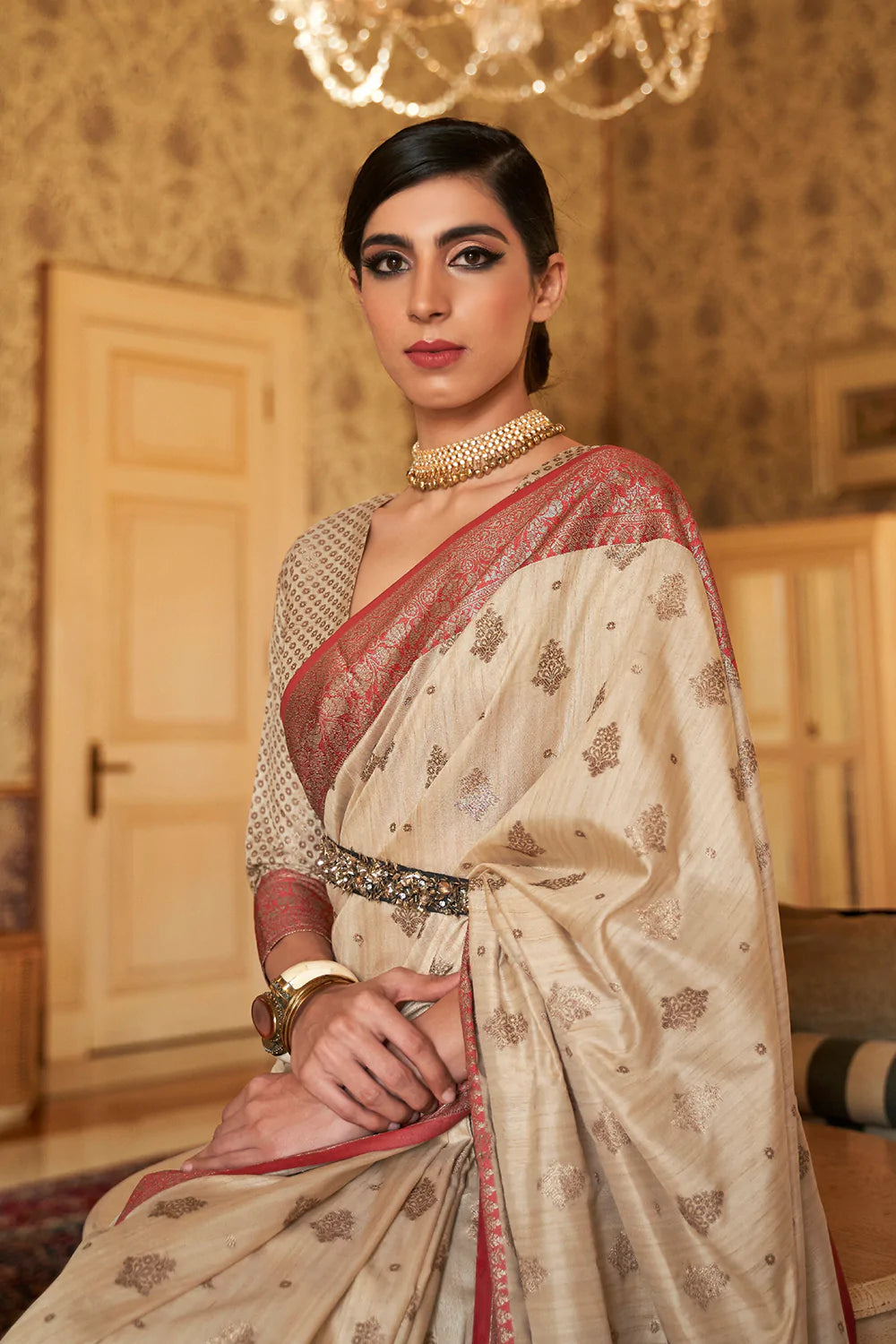 Attractive Cream Tessar Silk Weaving Saree