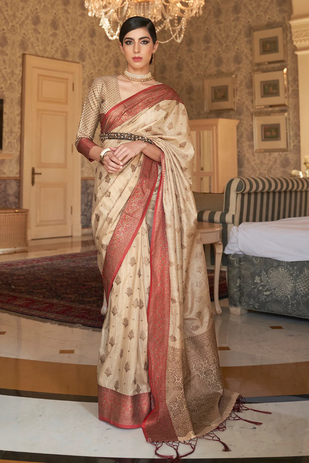 Attractive Cream Tessar Silk Weaving Saree