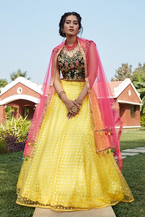 Girls Pink & Yellow Embroidered Ready To Wear Lehenga & Blouse With Dupatta  at Rs 1895.00 | Embroidered Lehenga | ID: 2850631840488