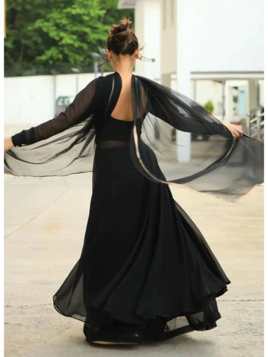 Black Georgette One Piece Gown With Palazzo And Dupatta
