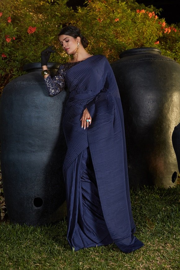 Navy Blue Foil Print With Plitting Work Party Wear Sarees