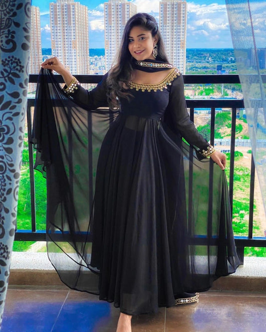 Stylist Black Gown With Embroidery Mirror Neck And Dupatta