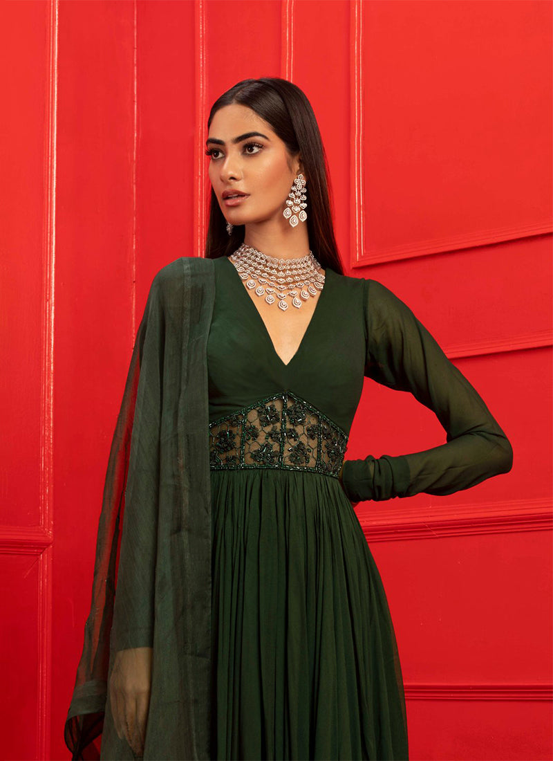 Gown : Dark green georgette golden sequence work party wear ...