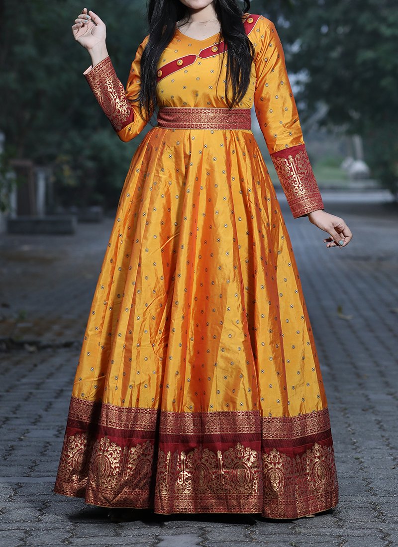 Golden Elegance: Yellow Silk Georgette Gown with Exquisite Embroidery –  KotaSilk