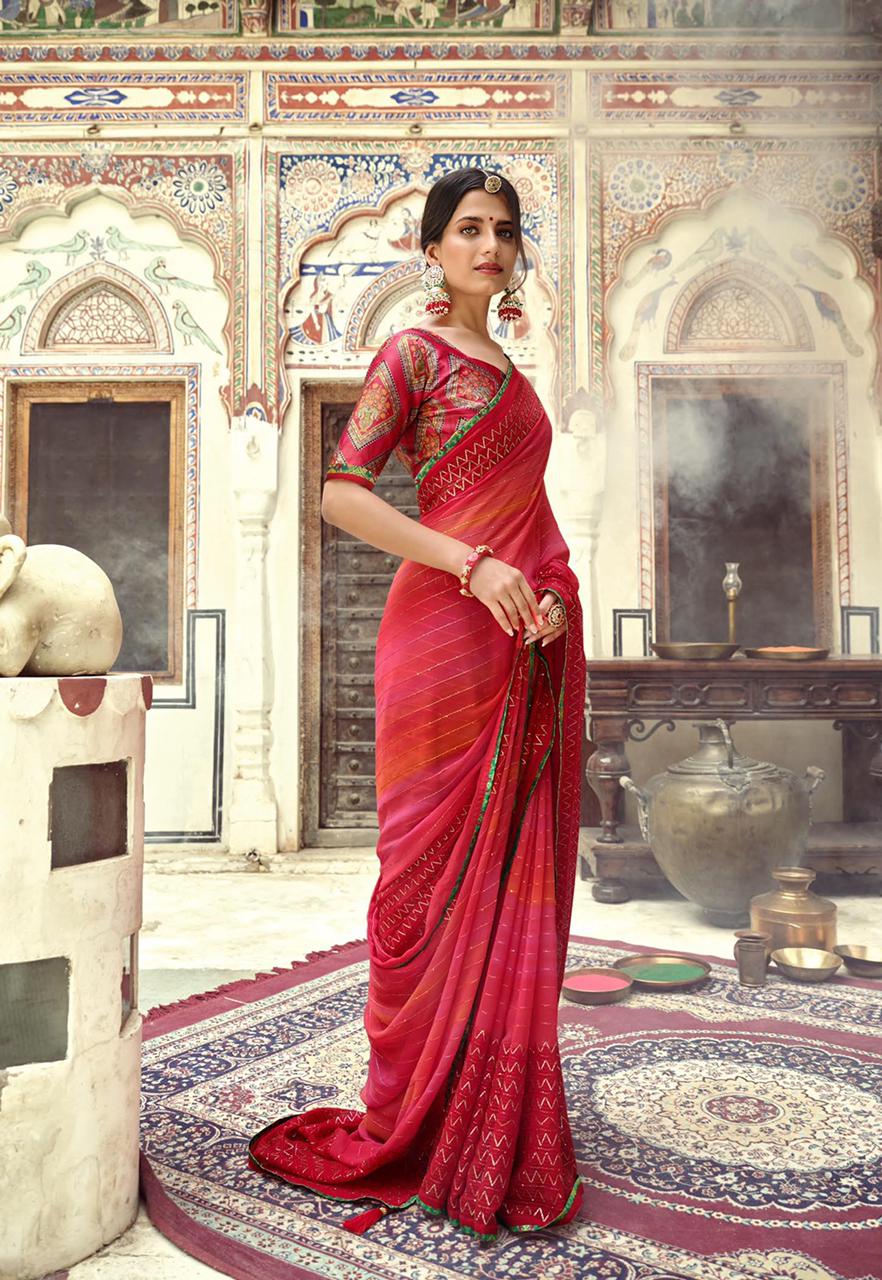 Raspberry Red Georgette With Fancy Embroidery Work Saree