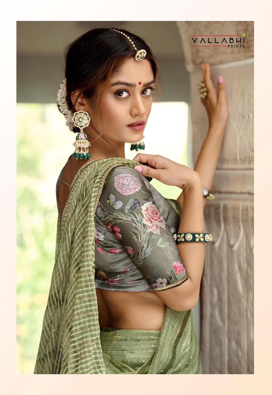 Sage Green  Georgette With Fancy Embroidery Work Saree