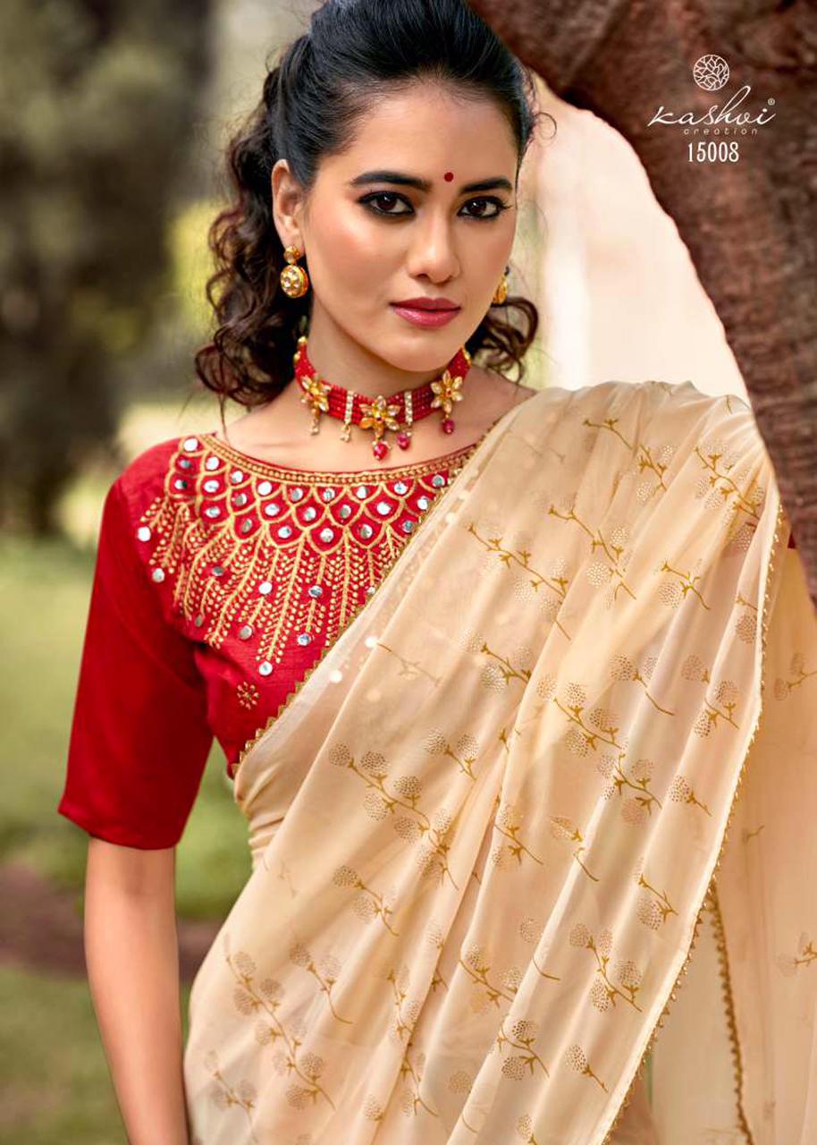 Off White  Weightless Printed Saree With Mirror Work Blouse