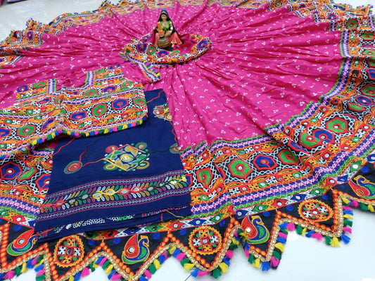 Latest Pink Cotton With Bandhni Print And Real Mirror Work Lehenga