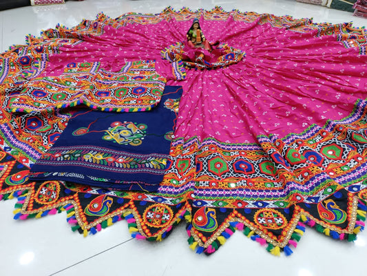 Latest Pink Cotton With Bandhni Print And Real Mirror Work Lehenga