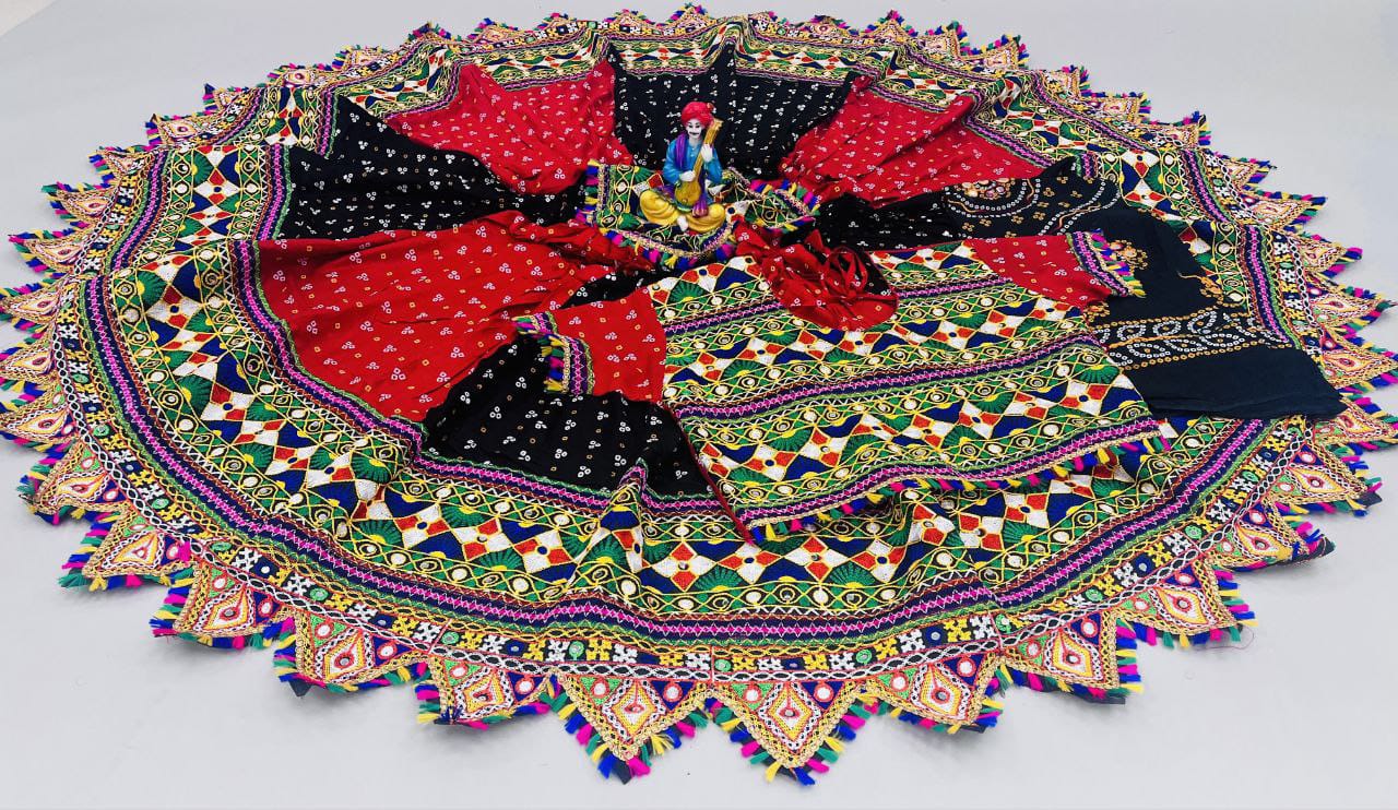 Red Black  Cotton With Bandhni Print And Real Mirror Work Lehenga