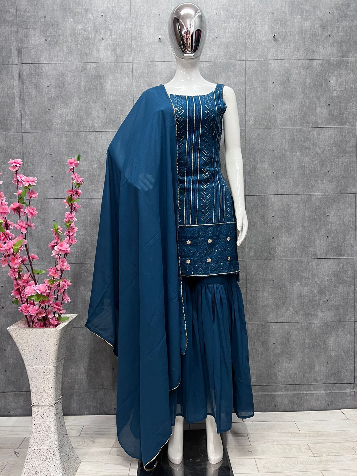 Blue  Pure Lukhnowi Embroidery Cotton Thread Work , Sequence Work Sharara Set
